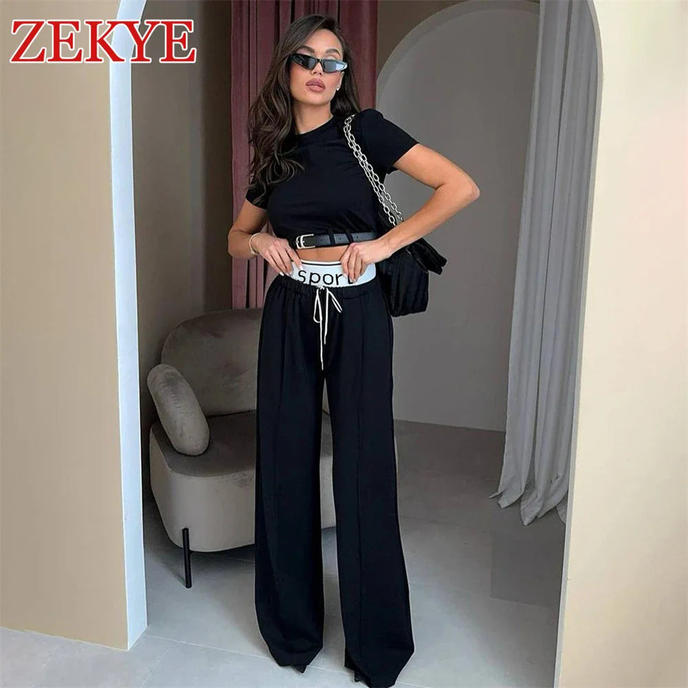 Zekye Casual White Loose Wide Leg Pants Set Women Outfit Korean Patchwork Street Style Short Sleeve T Shirts 2 Pieces Set Top
