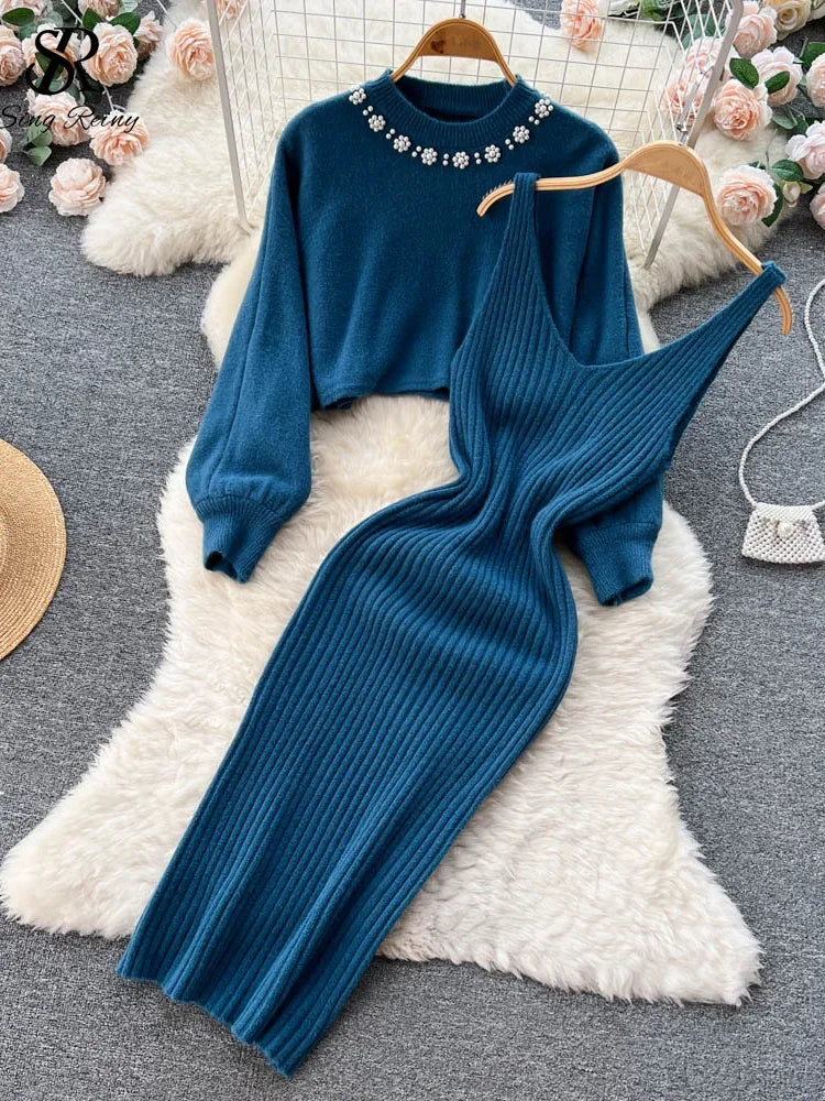 Korean Fashion Knitted Dress Sets Women Elegant Long Sleeve Pearl Sweater+Knitted Camis Dress Sets Sweater Casual Pullovers Suit dark blue One Size