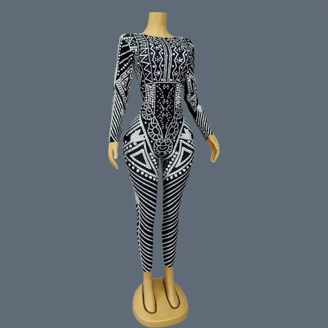Fancy Sexy Black White Striped Printing Rhinestone Jumpsuit Bar Nightclub Stage Performance Bodycon Leggings for Women Mawenku