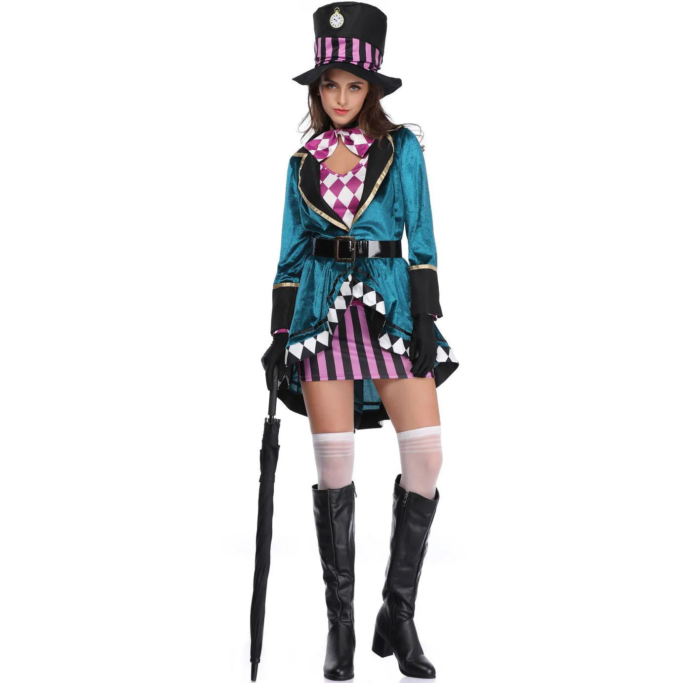 Halloween Alice In Wonderland Clock Mad Hatter Cosplay Costume Sexy Adult Fairy Tale Dress Women Magic Show Tuxedo Fancy Dress SKY BLUE CHINA