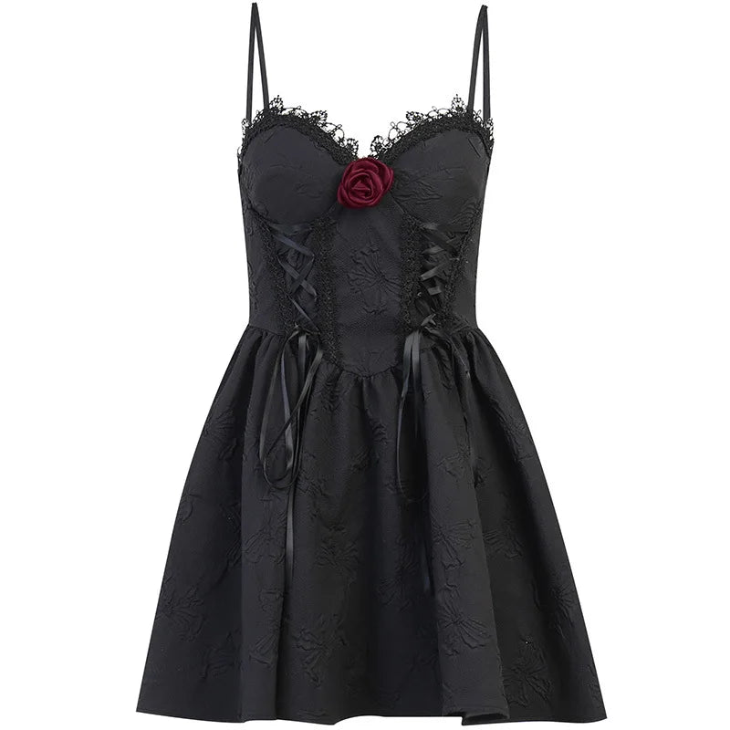 Goth Dark Tie Up Mall Gothic Elegant Women Dresses Grunge Aesthetic Jacquard A-Line Dress Emo Lace Trim Black Party Alt Clothes