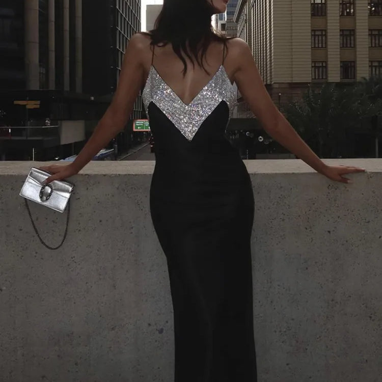 Women Summer Sexy V Neck Backless Crystal Black Diamonds Maxi Long Bandage Dress 2023 Knitted Elegant Evening Club Party Dress