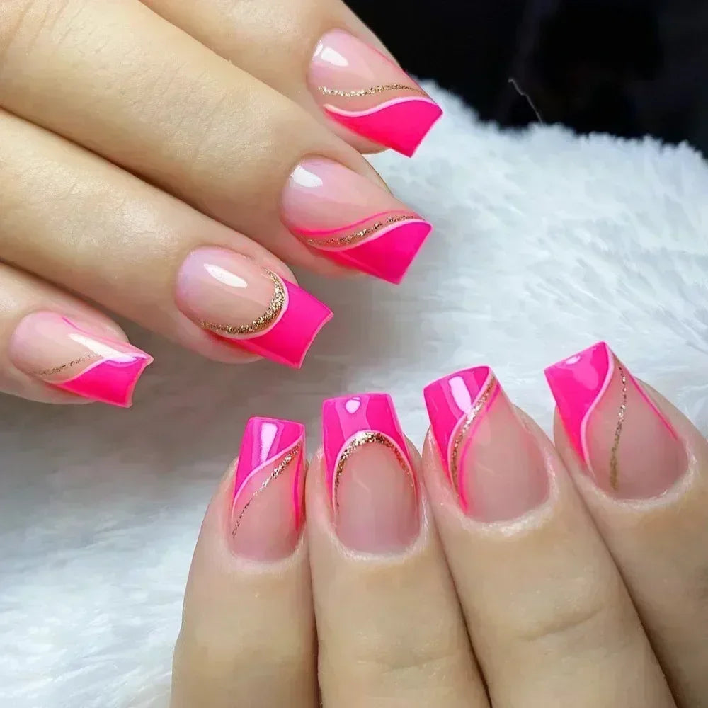 24 peças unhas postiças quadradas curtas médias brilhantes arte de unha branca usável unha postiça prateada francesa cobertura total pressione pontas de unhas