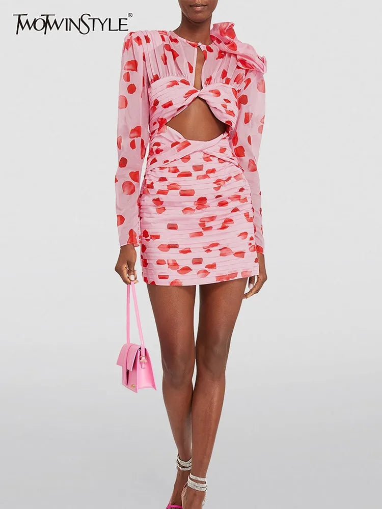 TWOTWINSTYLE Print Patchwork Floral Cut Out Dress For Women V Neck Long Sleeve High Waist Folds Mini Dresses Female Clothes New