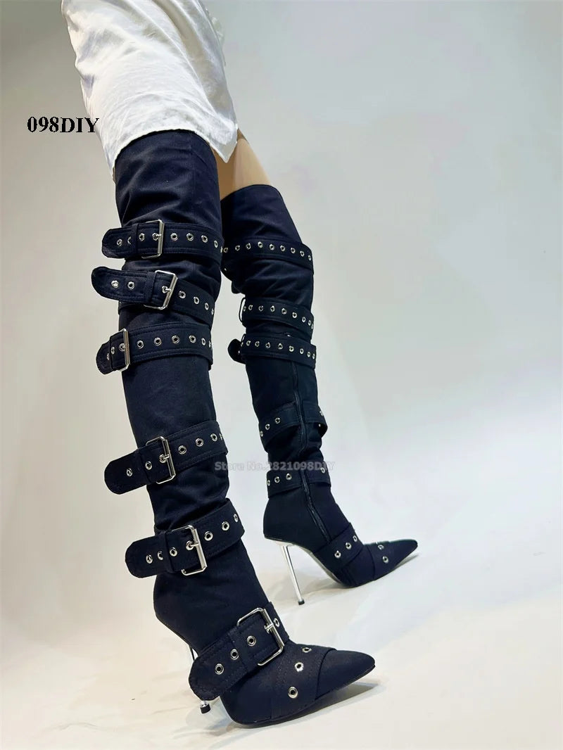 Denim Thigh High Boots Women Sexy Super Pointy Toe Punk Metal Buckle High Heels Shoes Ladies Puttee Blue Biker Boots De Mujer
