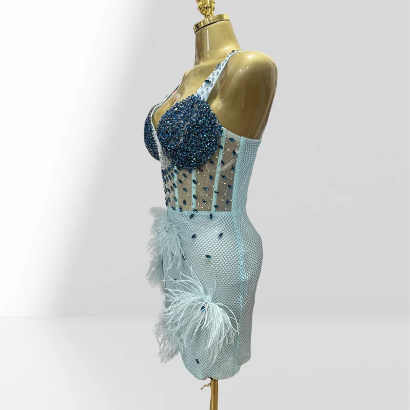 2025 Luxury Feathers Blue Diamonds Sexy See Through Spaghetti Mini Dress Woman Birthday Party Vestido Club Party Outfit