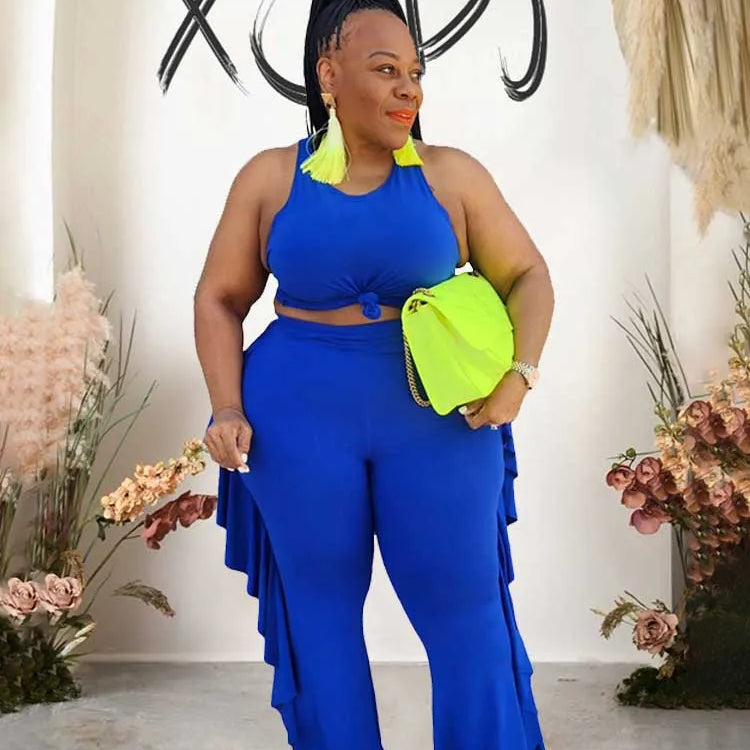 Style Plus Size Women Clothing Summer Two-piece Set Solid Color Tank Top Ruffle Pant Set Lady Trendy Suit Wholesale Dropshipping