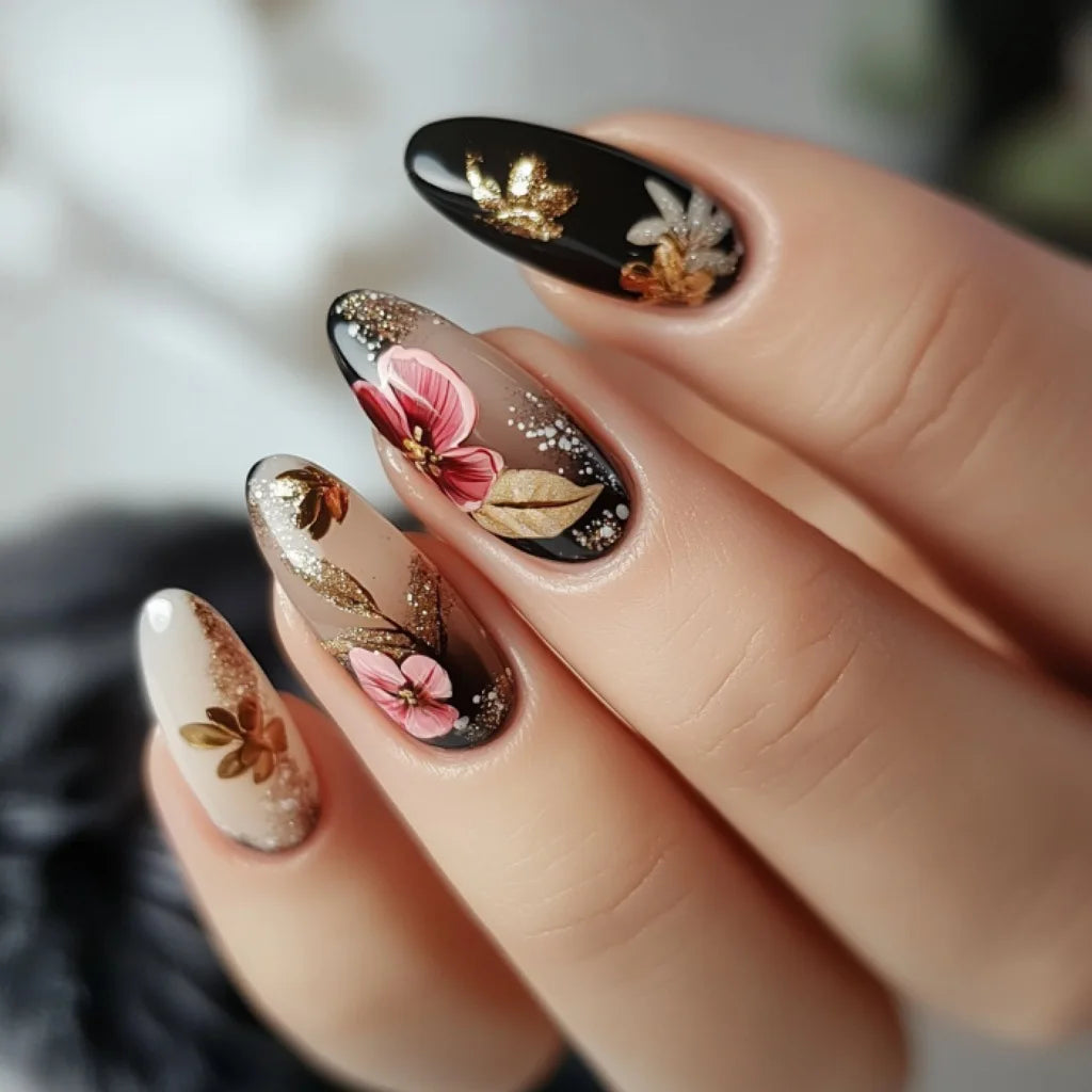24pcs/set Medium long fake nails yellow dragon flowers feather design for Spring summer Square almond tips press on false nail