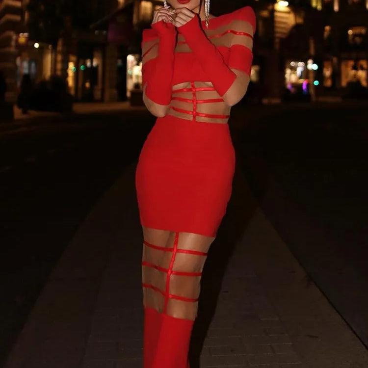 Autumn Sexy Long Sleeve Black Red White Ankle Length Mesh Women Celebrity Dress 2024 Elegant Party Evening Club Vestido