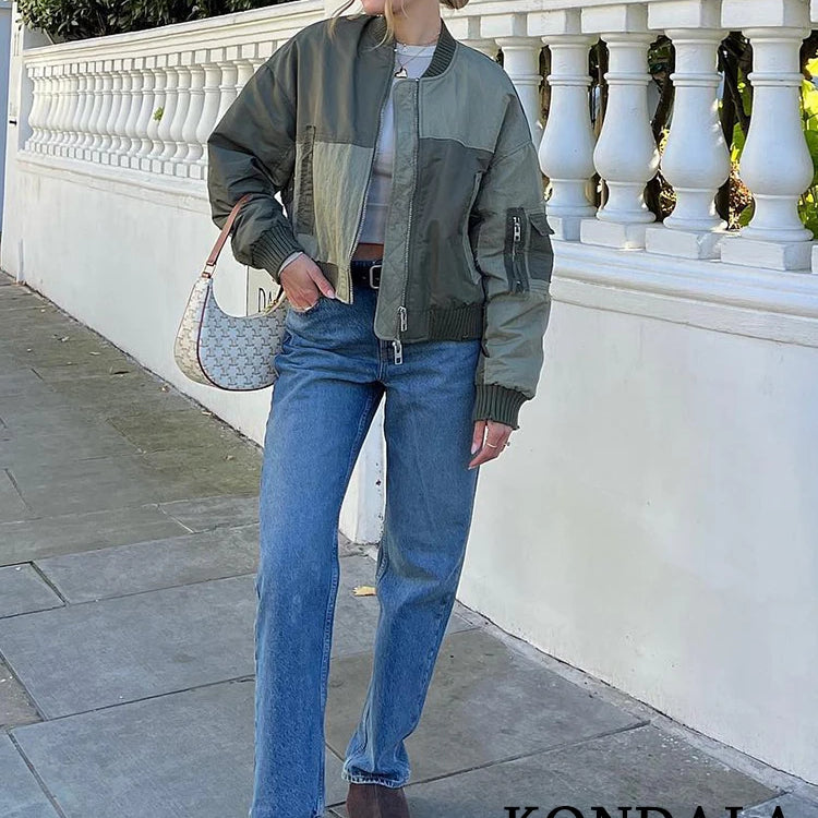 Streetwear Armygreen Bomber Jackets Women Patchwork Zipper Pockets Oversized Jackets Fashion 2024 Autumn Winter Coats