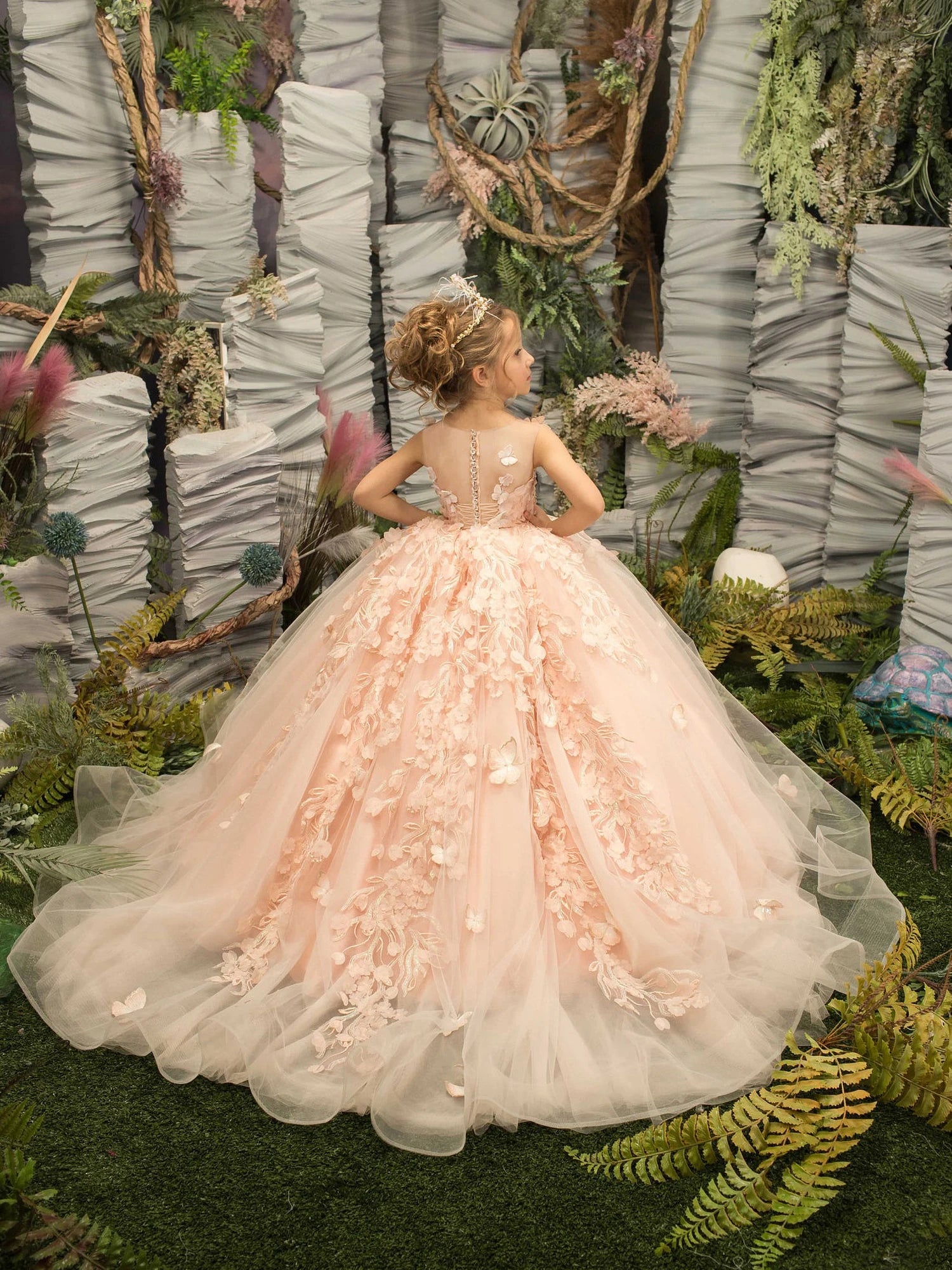 Pearl Pink Lace Flower Girl Dresses For Weddings Floral Tulle Kids Junior Bridesmaid Ball Gown First Communion Dress Wed Party MC2300 Pearl Pink