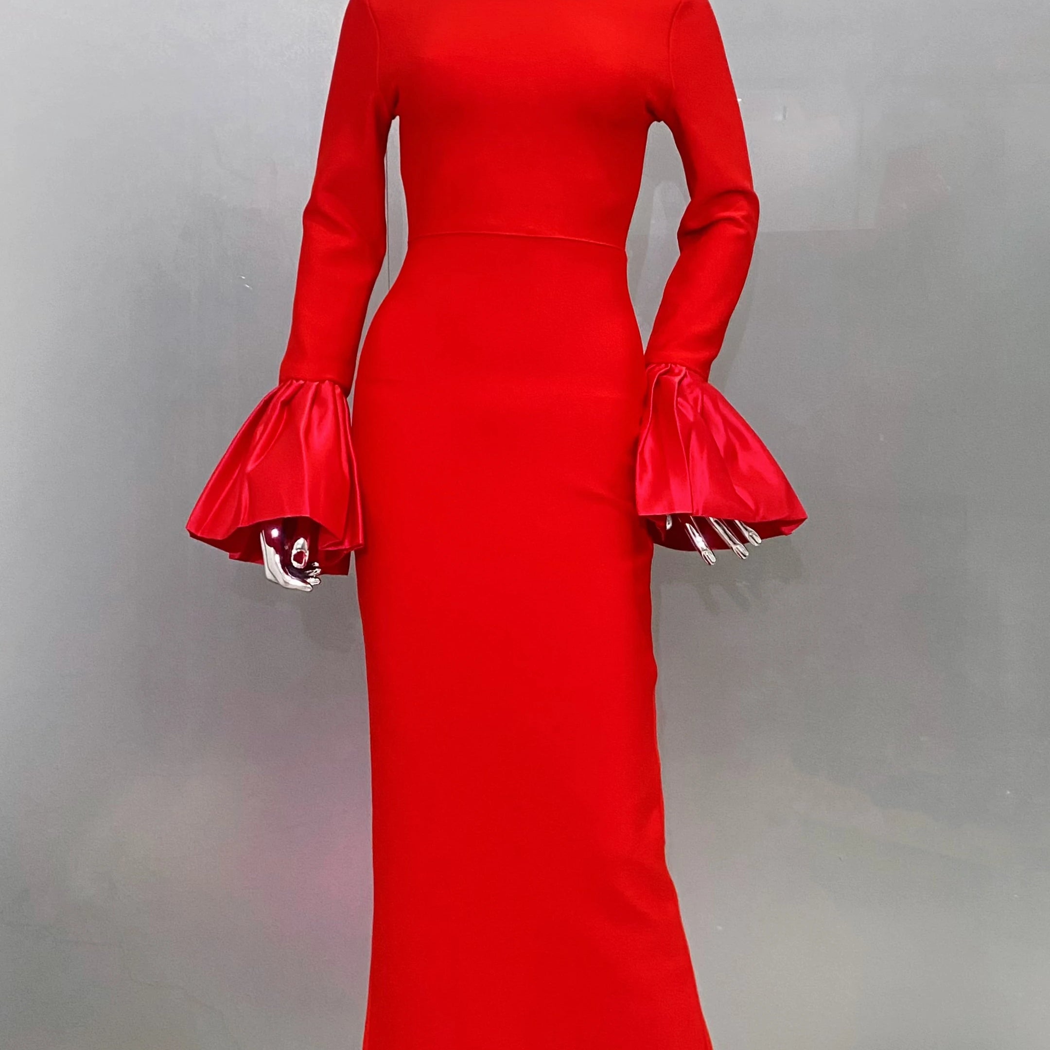 Red Color Women Flare Sleeve Shinning Crystal Necklace Bodycon Bandage Long Dress Elegant Evening Party Celebrate Dress