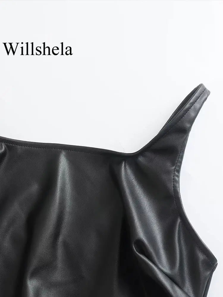 Women Fashion Black PU Leather Mini Slip Dress Vintage Square Collar Back Zipper Sleeveless Female Chic Lady Dresses