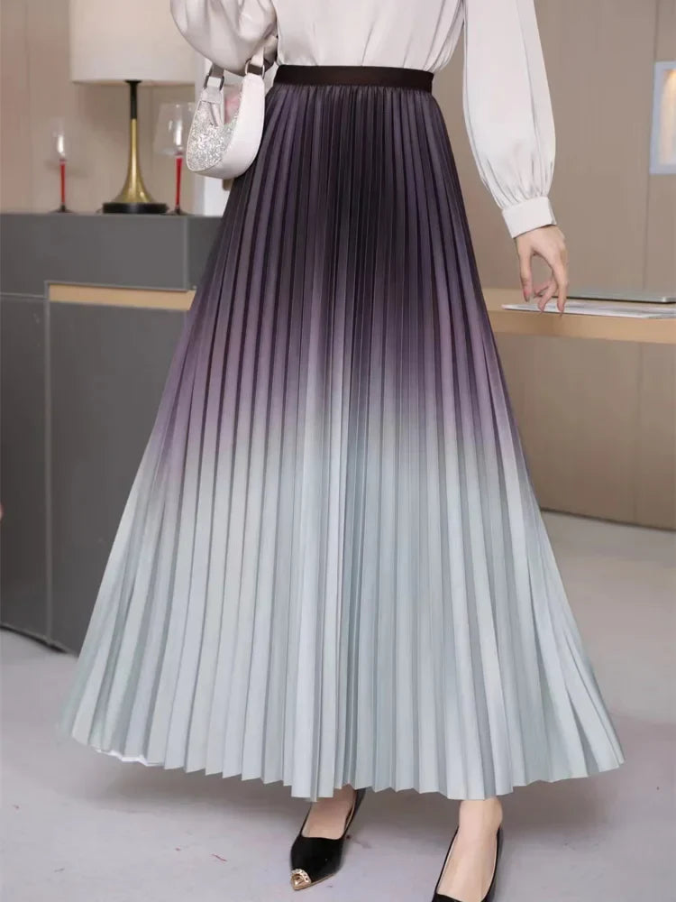 Floor-Length Long Pleated Skirt Women Gradient Color Lengthen Maxi Skirt Women Casual Patchwork Elegant Skirt Female GRAY One Size