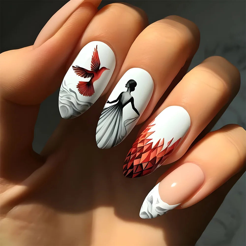 24Pcs Black French Fake Nails Art Nebula Gradient Space Mid-length Almond Press on False Nails Planet Wearing Finished Nail Tips