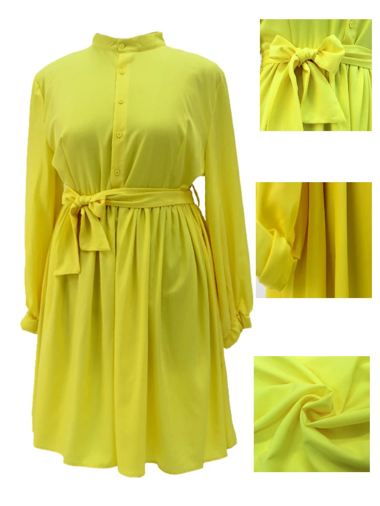 5XL Elegant Women White Yellow Dress Fashion Casual Solid Lantern Long Sleeve African Dress Office Ball Gown Vestidos Plus Size