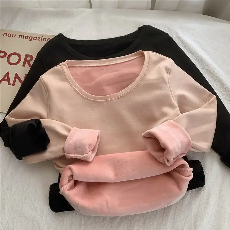 Women Autumn Winter Bottoming Shirt Constant Temperature Plus Velvet Long-sleeved T-shirt Plus Velvet Heating Thermal Top pink