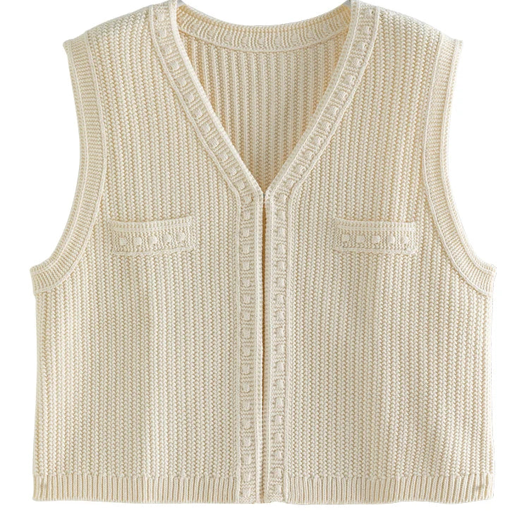French Country Style V-neck Cable Knitting Vest for Women Early Autumn New Simple Temperament Loose Vest for Female