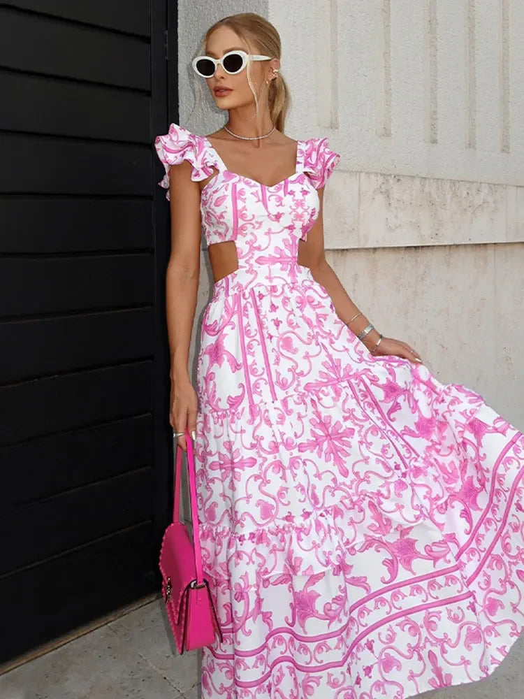 Shoulder Pads Print Hollow Out Maxi Dress Bohe Square Neck Flying Sleeve Backless Dresses Lady Chic Beach Holiday Robes