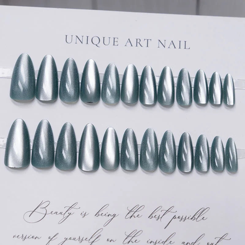 Glossy Cat Eyes Fake Nails Full Cover Almond Black Press on Nail Women Girls DIY Manicure Simple Wearable False Nails Tips 24Pcs