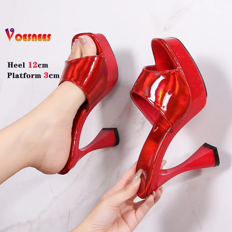 Laser 12CM Women Sandals Peep Toe Platform Shiny Colors Block Heels Pumps Summer Thick High Heel Shoes Woman Outdoor Slides