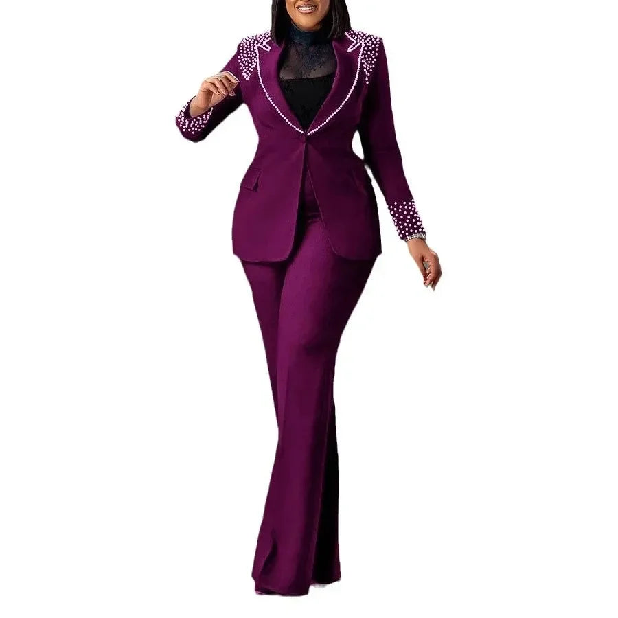 CM.YAYA Fashion Pearl Splicing Women's Set Long Sleeve Blazer and Wide Leg Pants Suit 2024 Winter OL Fall Two 2 Piece Set Outfit Purple