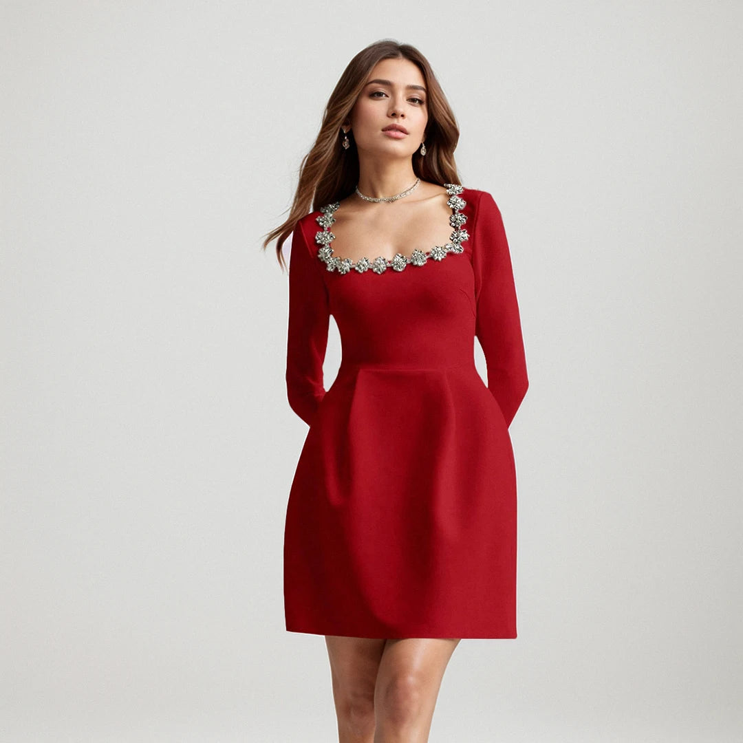 Vestido curto feminino preto e vermelho, manga longa, gola quadrada, sexy, linha A, moda para festa de aniversário