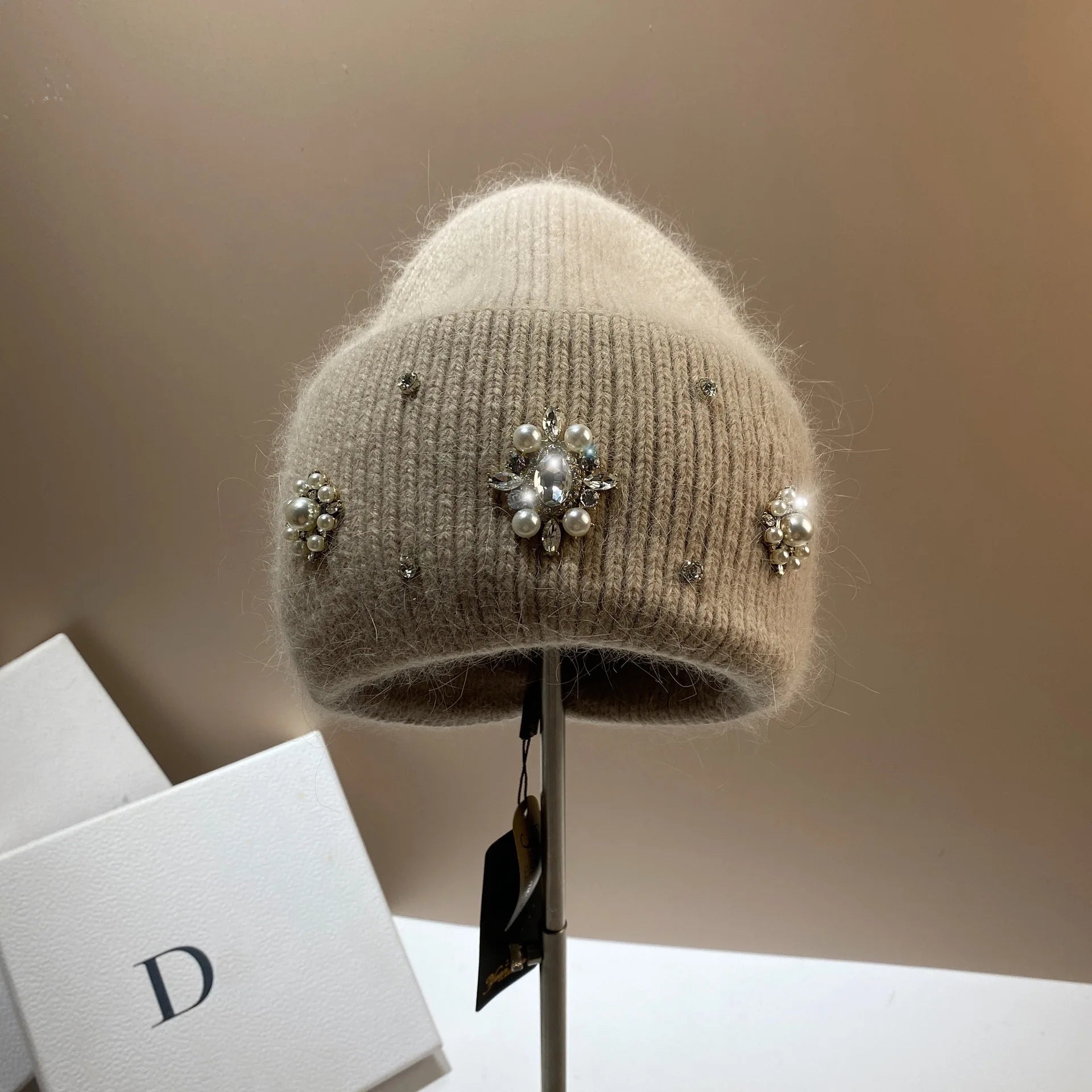 Real Rabbit Fur Winter Warm Knitted Hat Luxury Rhinestone Women's Wool Skullies Beanies Female Cold Hat Outdoor Skiing Cap Moca