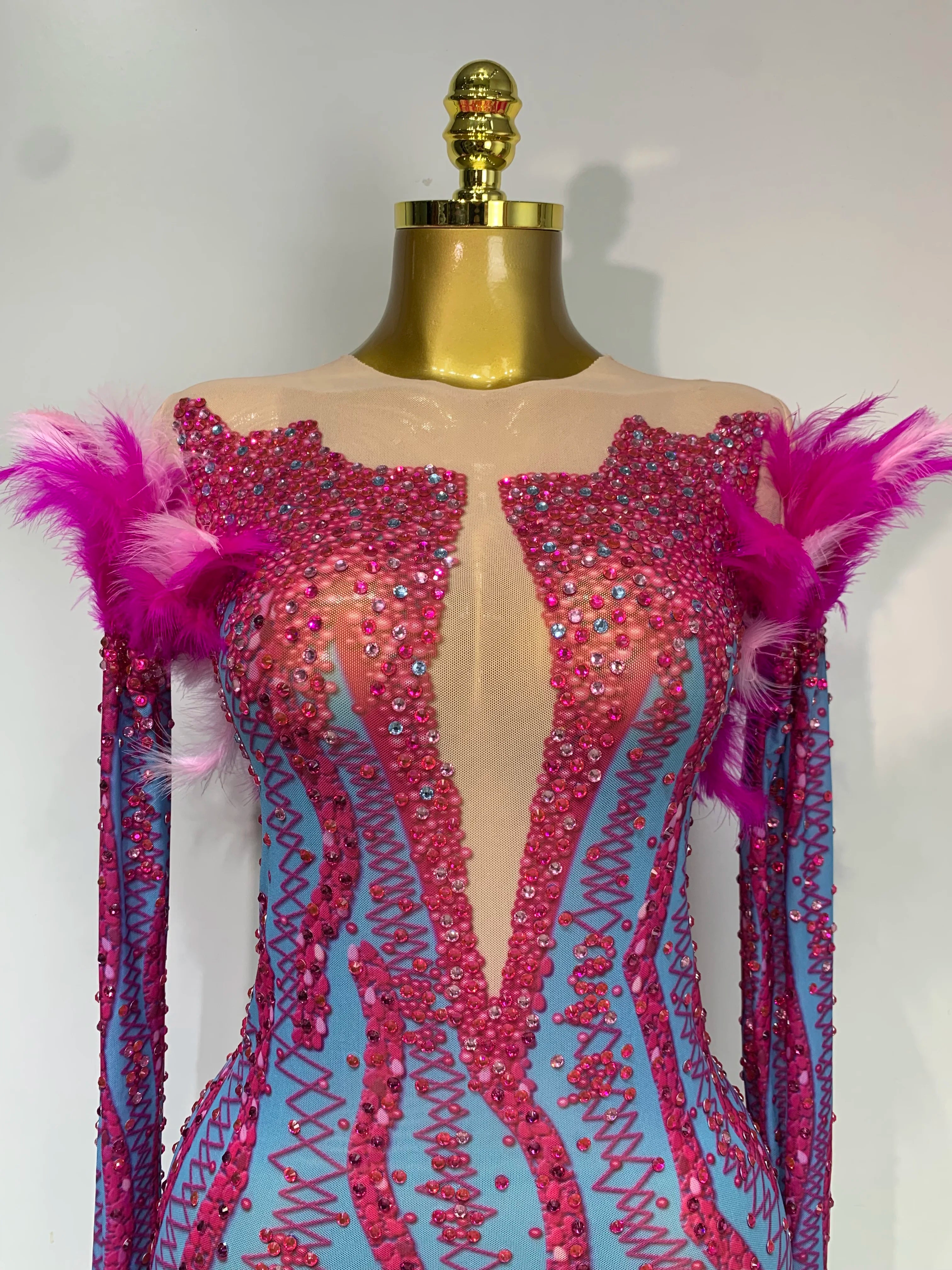 Women Sexy Mesh See Through Diamond Feather Dress 2025 Elegant Evening Party Luxury Birthday Nightclub Performance Stage Costume