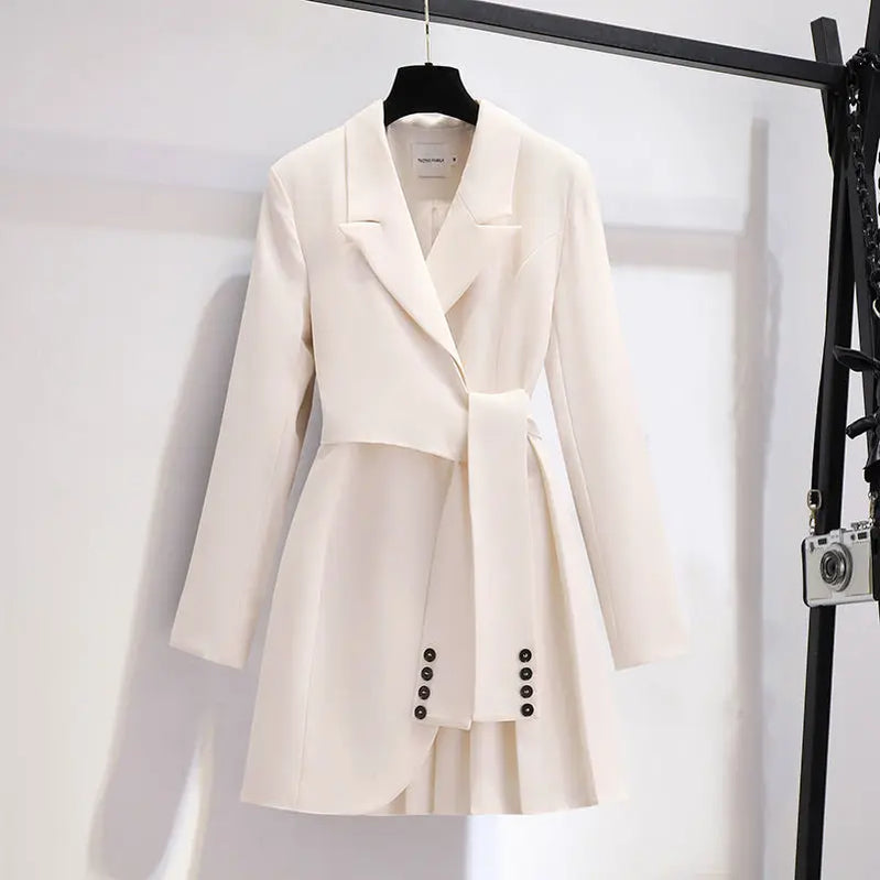 2023 Spring New Lace-up Pleated Suit Dress Jacket Blazer Chain Pants Two-piece Elegant Women's Pants Suit Office Outfits Apricot coat
