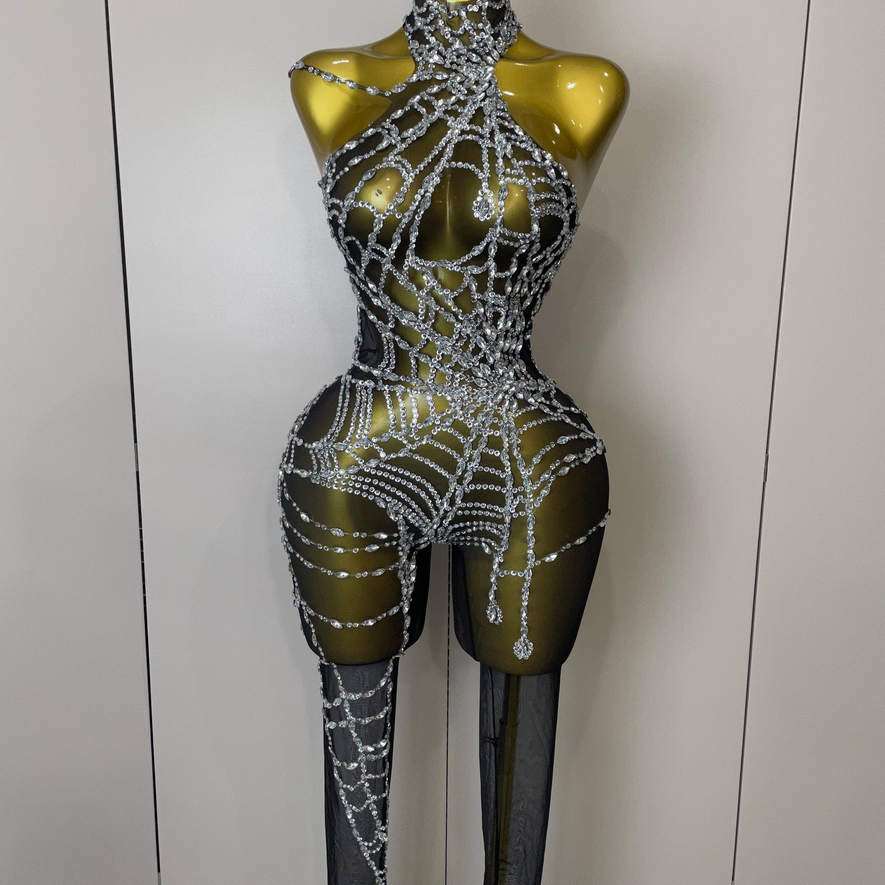 STOCK 2025Women Sparkly Diamond Sexy Mesh Jumpsuit Nightclub Bar Party Show Gogo Dancer Clothing Drag Queen Outfit Stage Costume