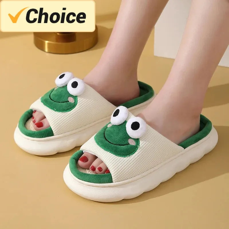 Men Women Home Linen Slippers Four Seasons Adults Home Sandals Couples Cute Frog Shoes Soft Cartoon Flip Flops Indoor Slides