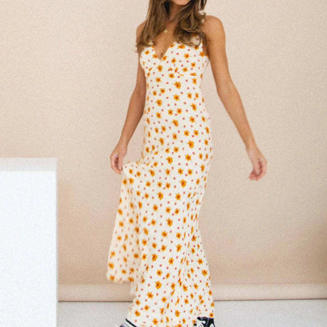 Floral Print Female Long Dress High Waist Lace-up V-neck Slim Sleeveless Fashion Sundress Casual Summer Dress Vestido Robe A93 apricot