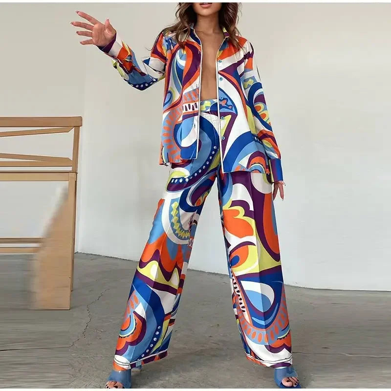 QNPQYX Fashion Printed Long Sleeve Shirt 2 Piece Set Women Loose Turndown Collar Tops Suits Female Casual Straight Pants Outfis Blue
