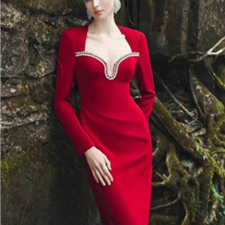Vestido longo feminino sexy de manga comprida com diamantes, vermelho, longo, bandagem justa, 2025, elegante, roupa para festa noturna