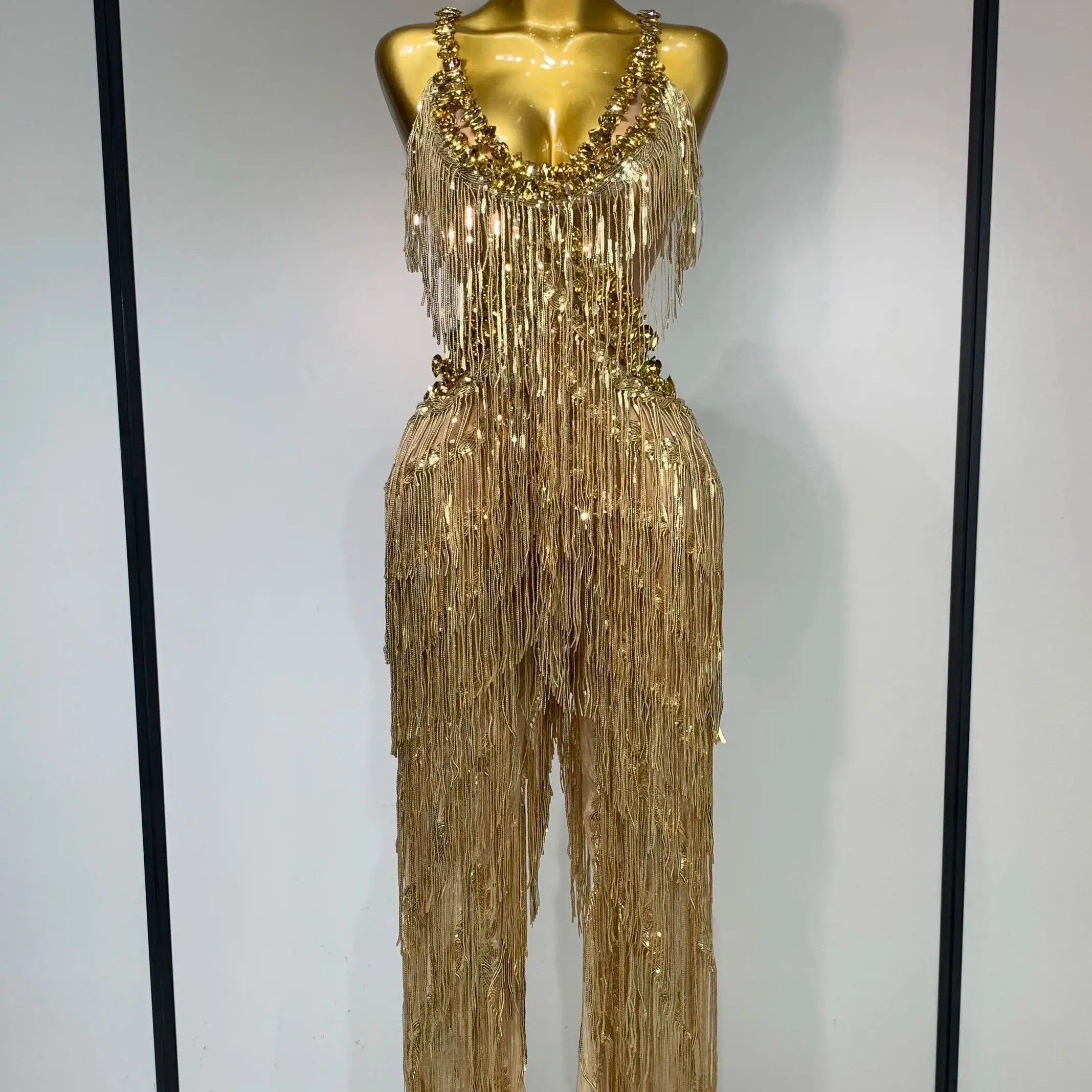 Women Sparkly Glod Rhinestones Sequined Fringe jumpsuit Sexy Nightclub Party Birthday Outfit Show Singer Stage Perform Costume
