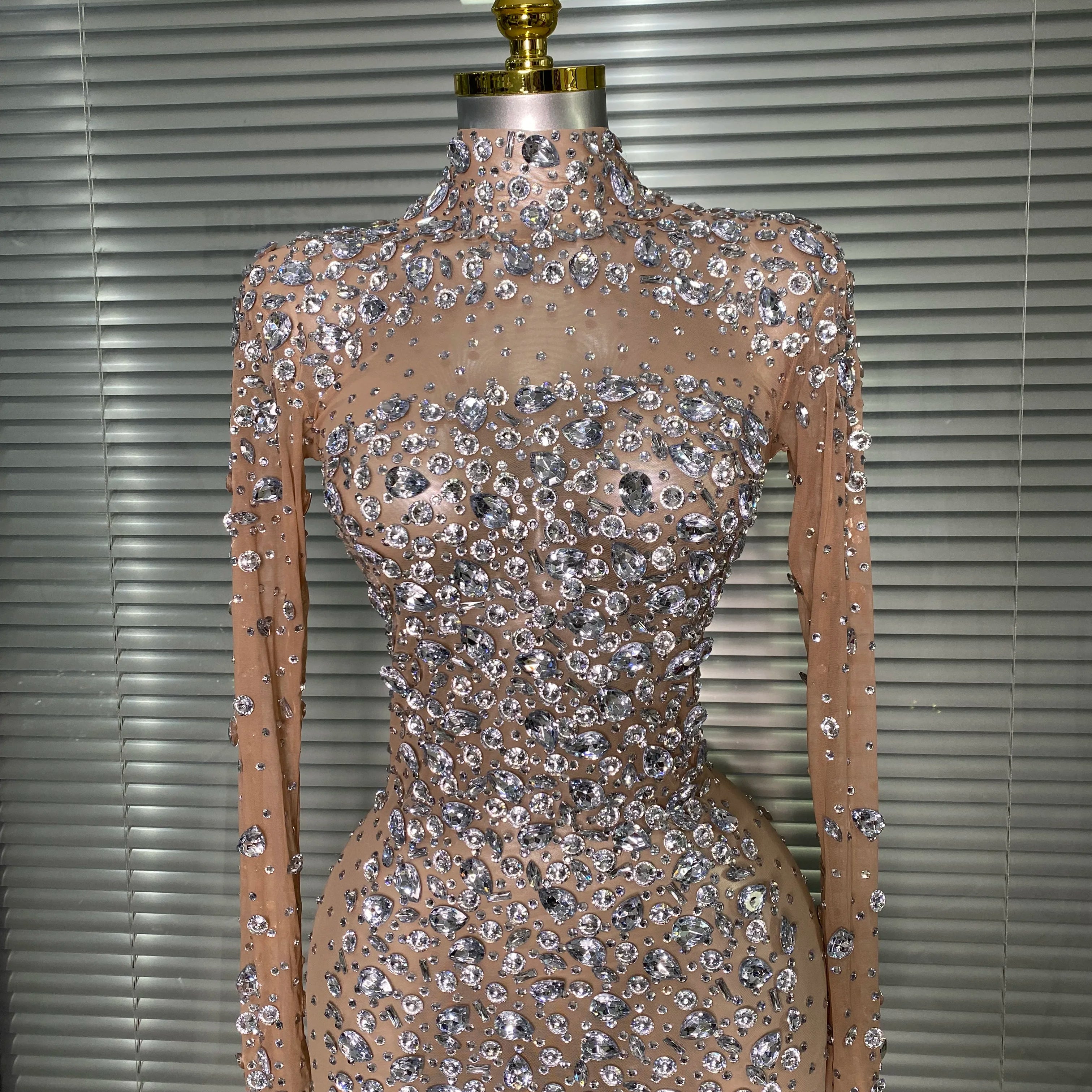 New Women Sexy Long Sleeve See Through Crystal Diamonds Maxi Dress Birthday Party Costume Bar Skin Singer Stage Costume