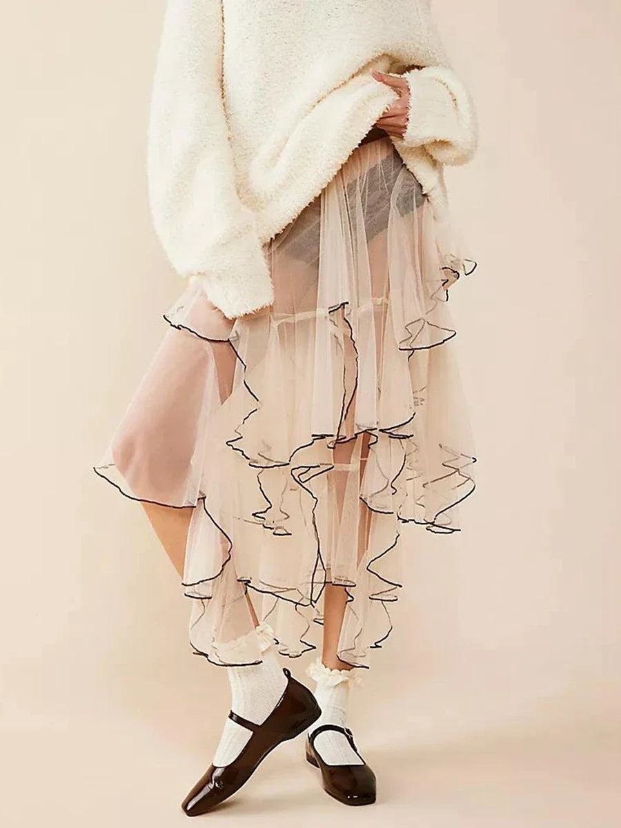 Women Lace Long Skirt Mesh Sheer High Waist Asymmetrical Hem A-line Midi Skirt Y2K Summer Beach Party Maxi Skirts Streetwear WHITE