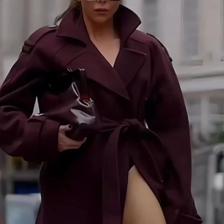 Women's Solid Turndown Collar Single-breasted Coat Casual Long Sleeves Burgundy Women Coat New Fall Winter Office Lady Outerwear