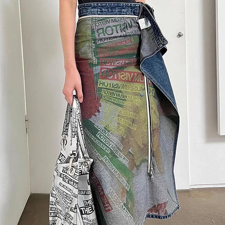 DEAT Fashion Women's Denim Skirt Double-sided Irregular Print Washed Zip Spliced Mid-calf Cotton Skirts Autumn New 7AB224