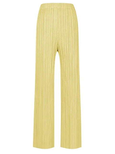 Spring Summer Autumn Women Casual Elegant Ladies Miyake Designer Casual Loose Straight Pleated Pants High Waist Trousers Bright Yellow One Size