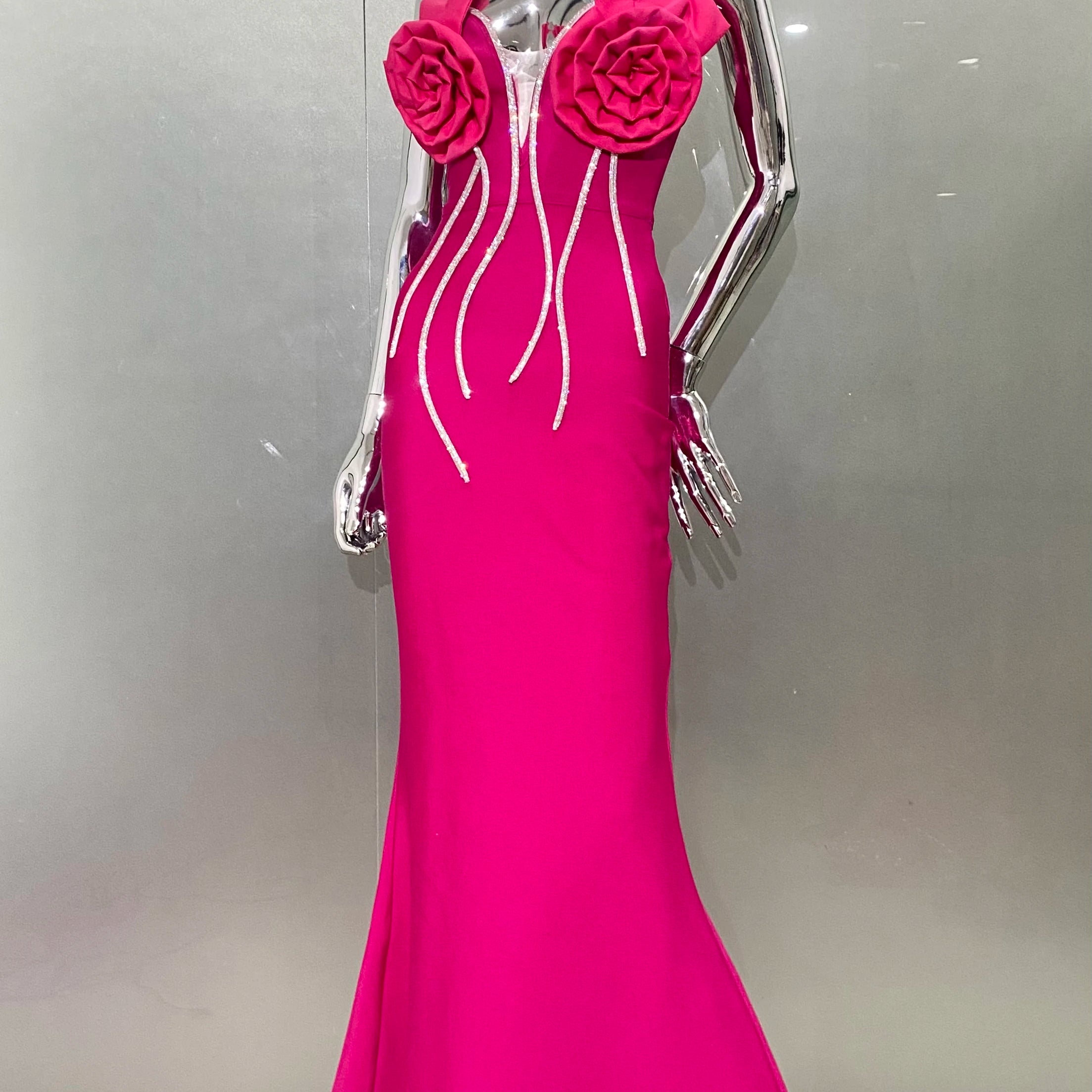 Rosered Color Women Sexy Strapless Florals Bodycon Long Bandage Dress Fashion Celebrate Nightclub Party Birthday Dress