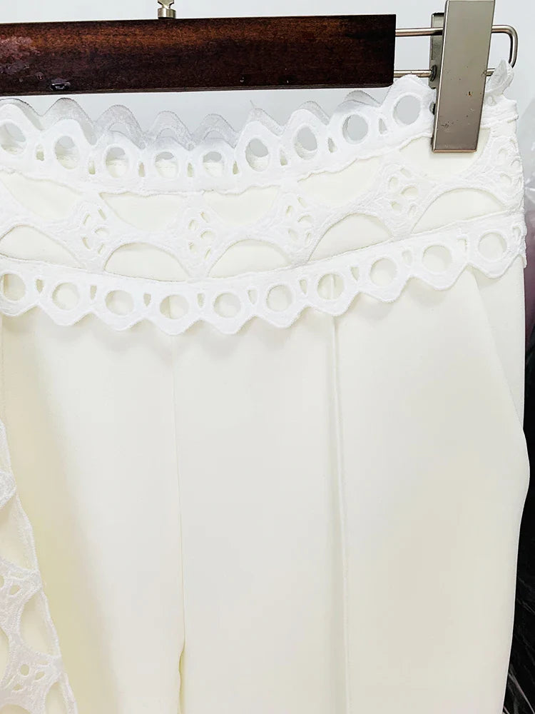 HIGH STREET Newest Designer Suit Set Women's Flare Sleeve Hollow Out Lace Trimmed Tops Blouse Pencil Pants Set