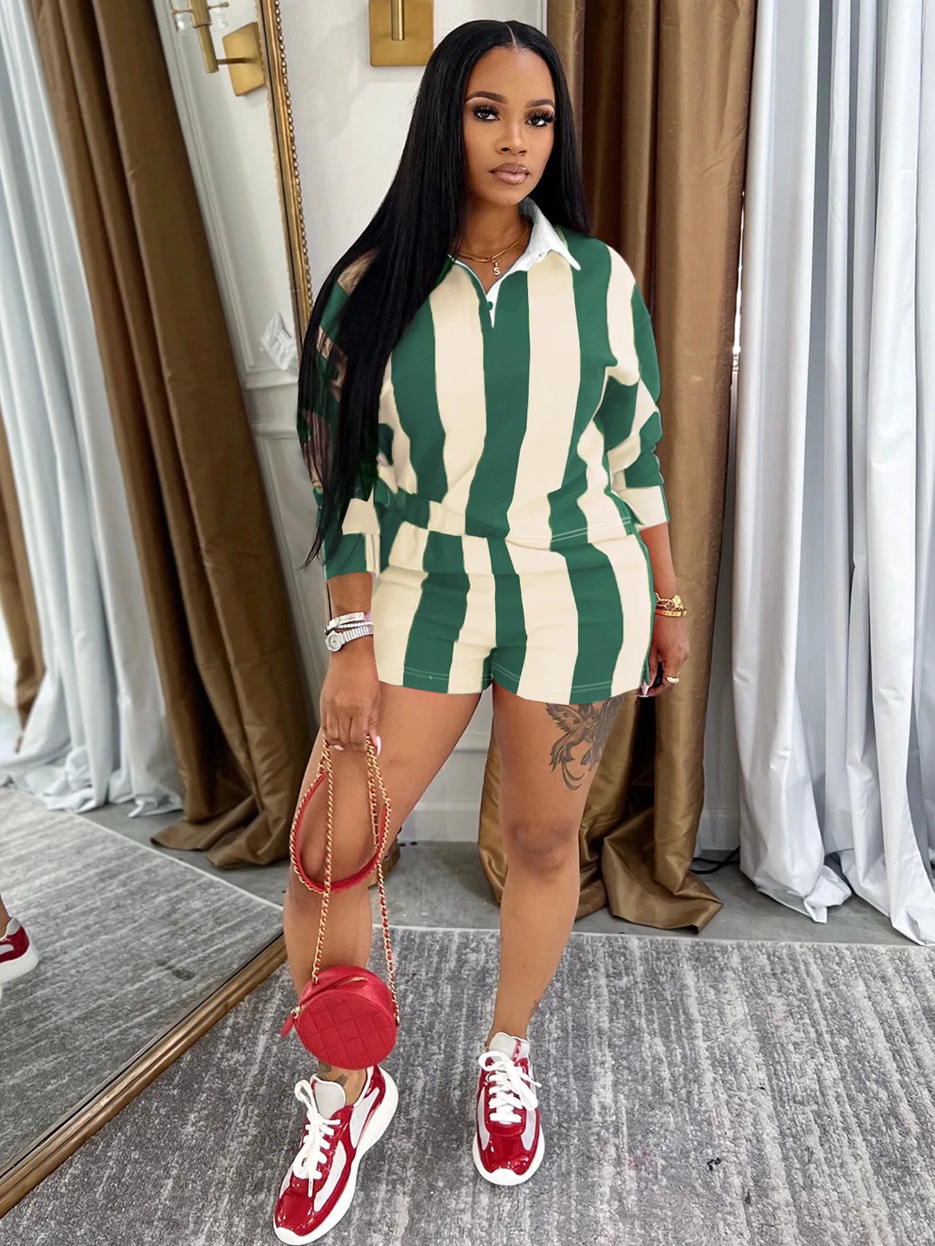 CM.YAYA Striped Women's Set Pleated full Sleeve Turn-down Collar Polo-t-shirt and Shorts 2025 Two 2 Piece Sets Outfit Tracksuits