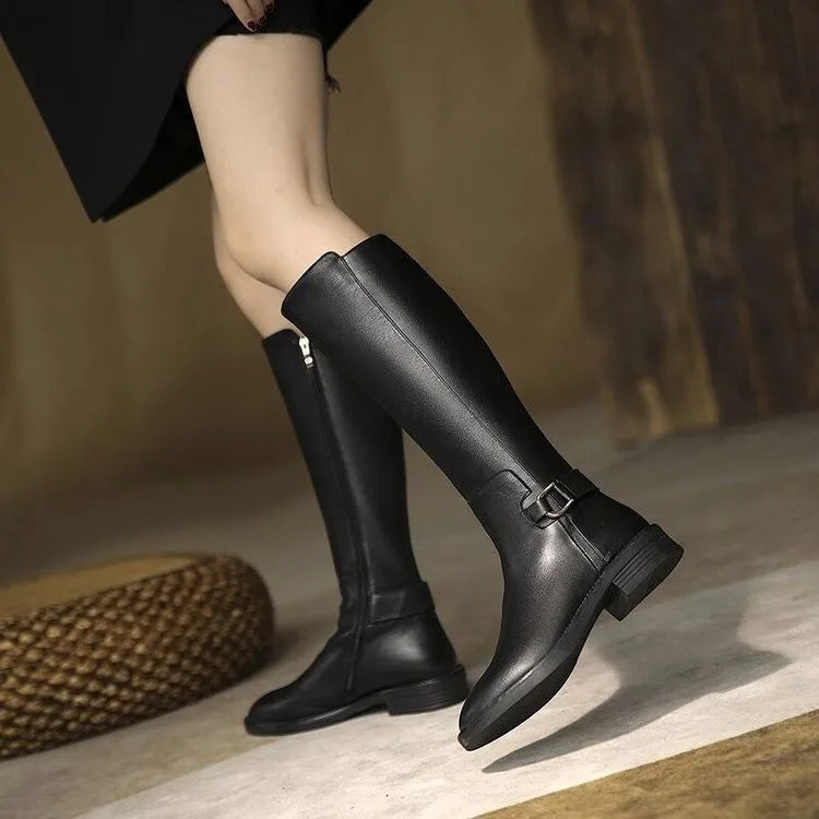 Pu Leather Knee Boots for Women Shoes Buckle Metal Decoration Fashion Outdoor Ladies Footwear Size 34-41 Long Black Botas