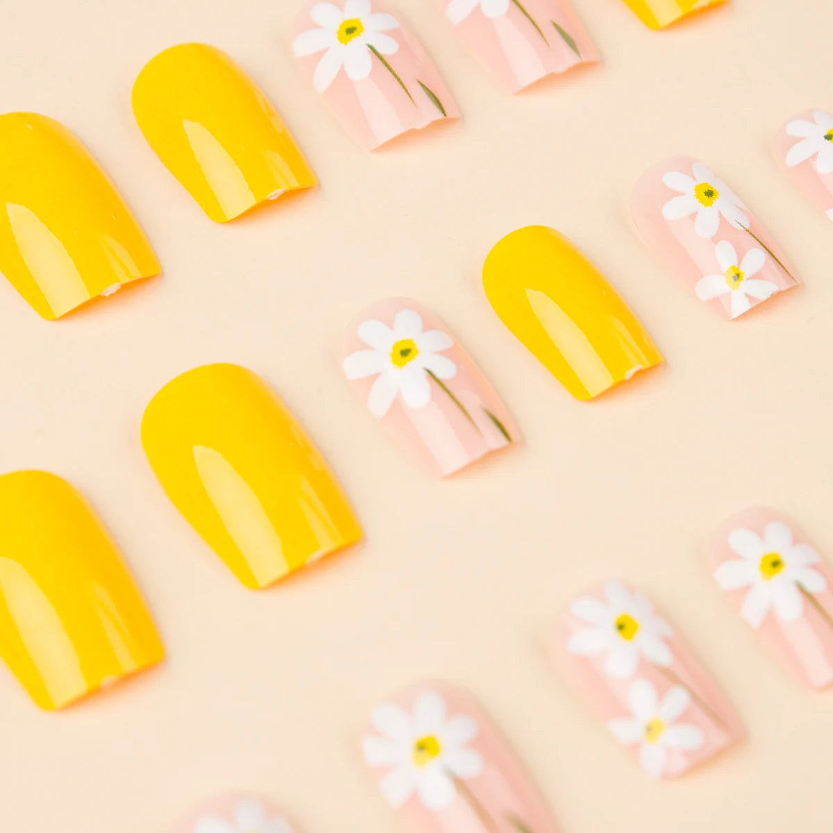 24 peças unhas postiças quadradas estilo europeu, brilho médio, flor amarela, unhas postiças reutilizáveis, fofas, para mulheres/meninas