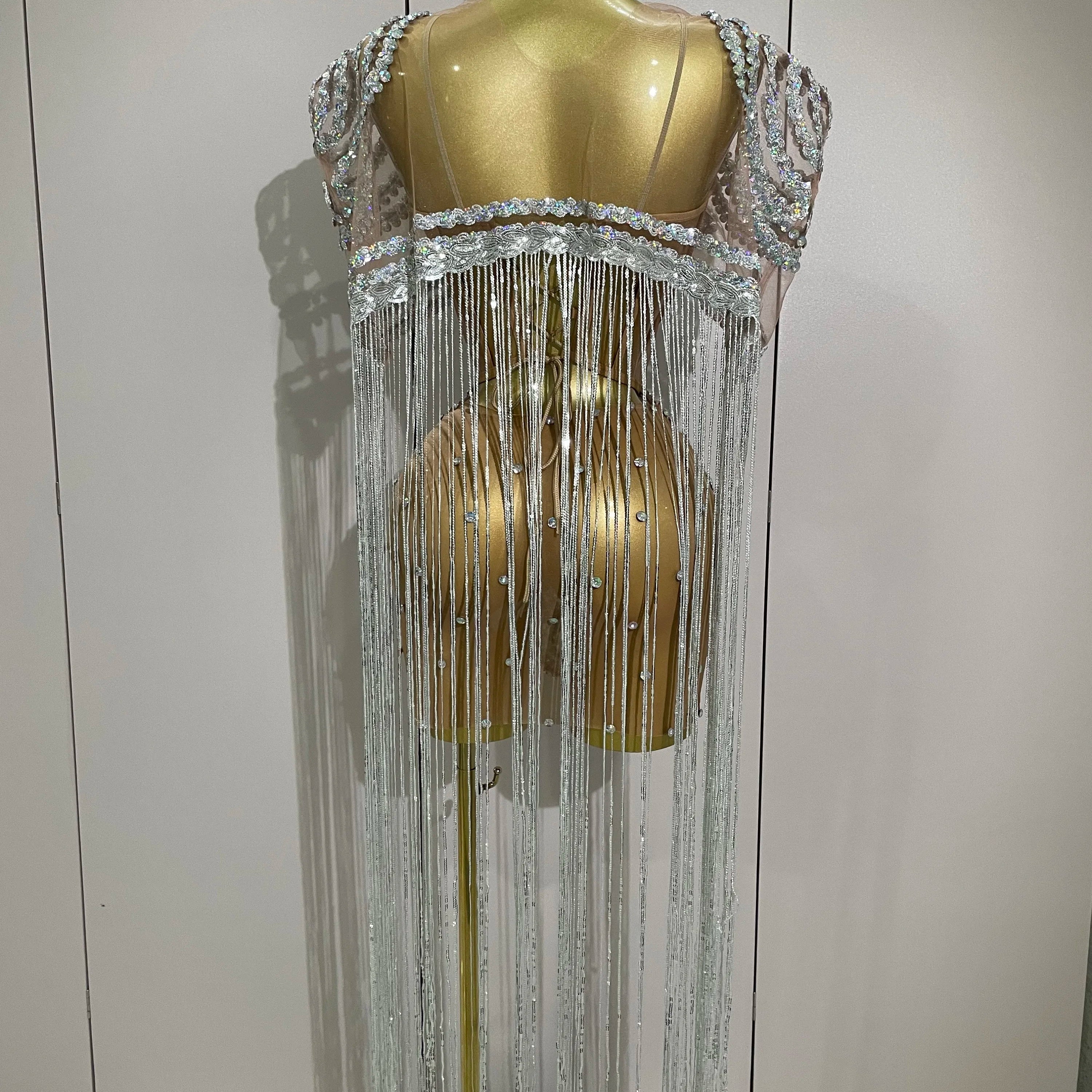 Stock Sparkly Rhinestones Sequins Sexy Mesh Tassels Cape Short Dress 2025 Women Evening Birthday Party Nightclub Stage Costume