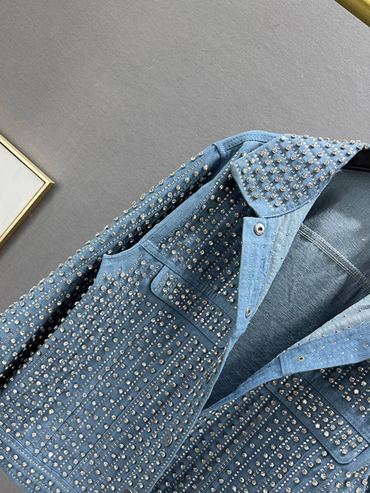 Streetwear Patchwork Rivet Denim Jacket Women Fashion Lapel Long Sleeve Loose Coats Female Outerwear Autumn Trend