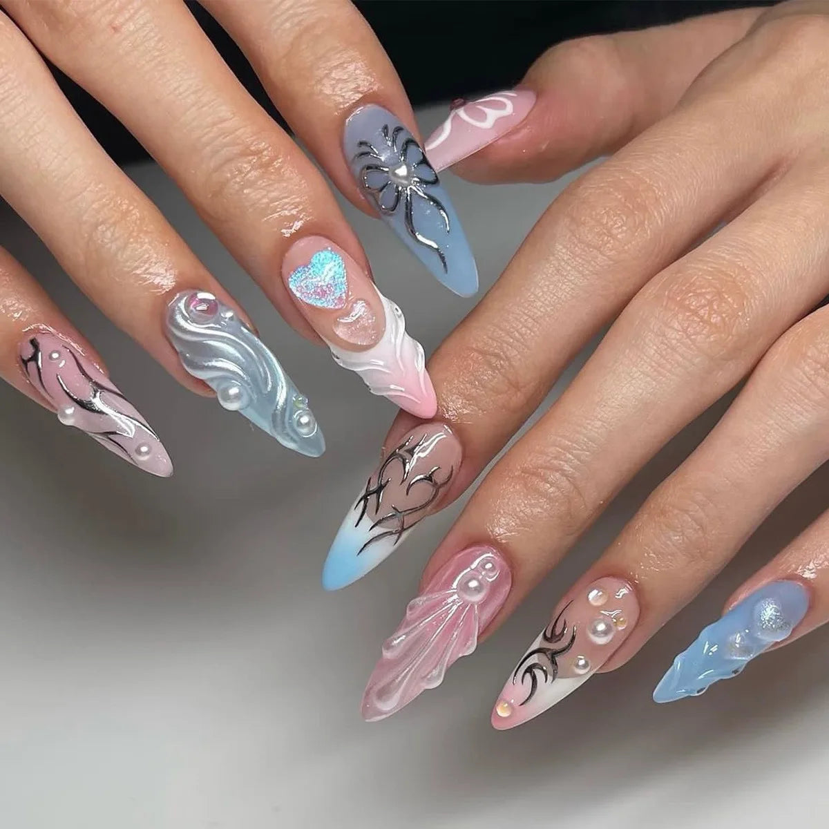 24Pcs Mid-length Almond Fake Nail Tips Pink French 3D Press on False Nails with Bow Design Wearable Oval Head Manicure Art