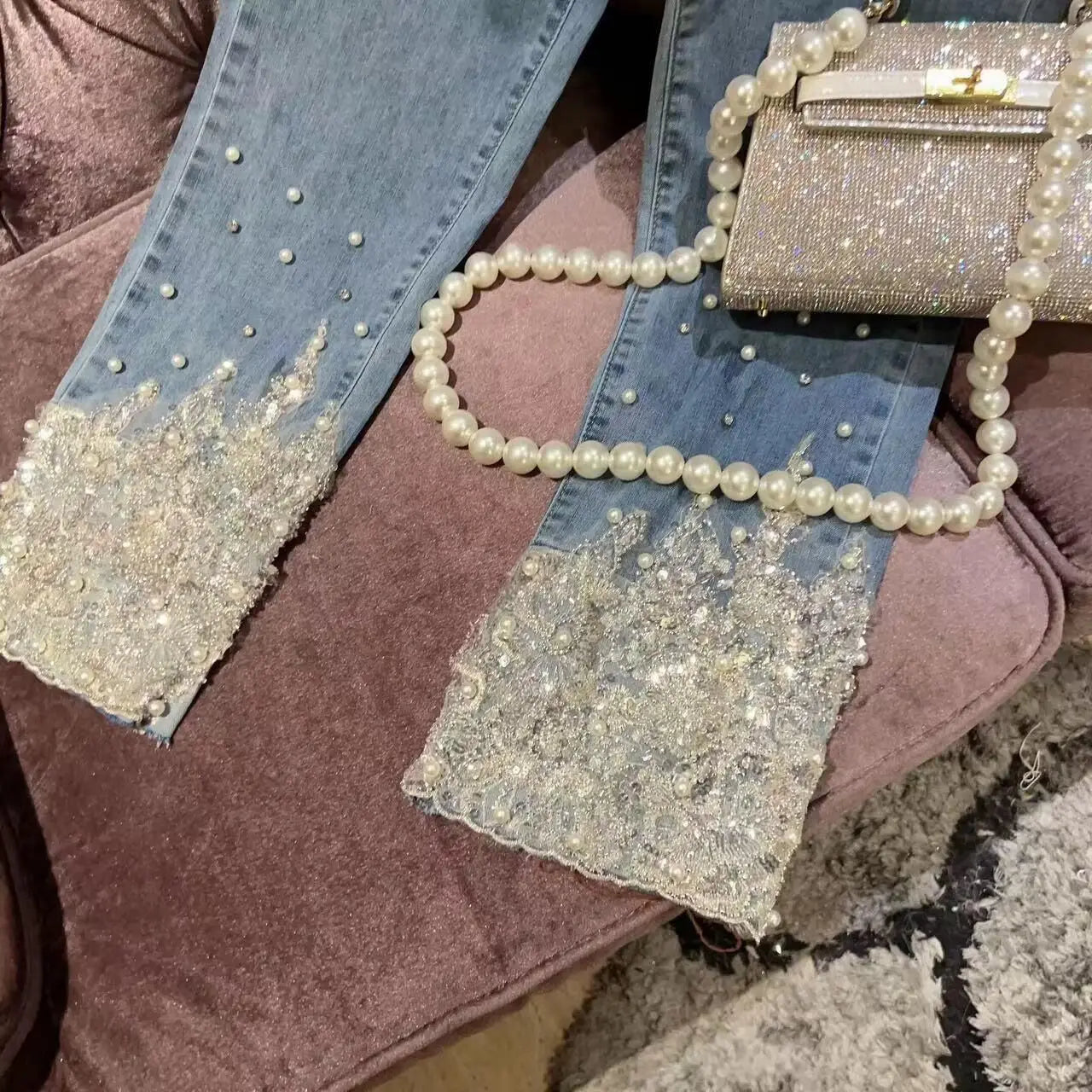 Pearl sequined jeans for women new high-waisted denim pants fashion
